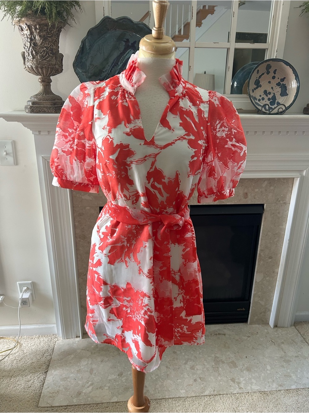 Coral Red & White Organza Floral Puff-Sleeve Mini Dress with Self-Tie Waist